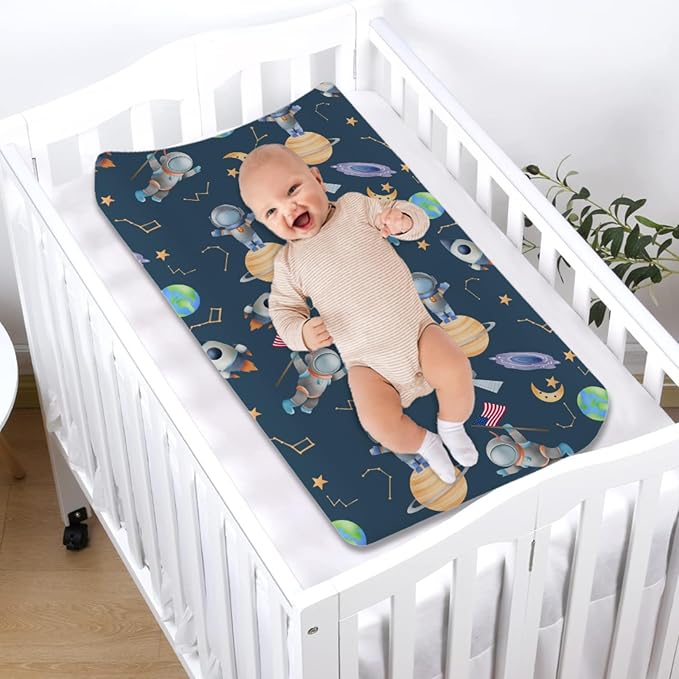 Cartoon Outer Space Galaxy Ship Astronaut Changing Pad Covers Cute Spaceman Moon Stars Changing Table Sheets for Boy Girl Soft Stretchy Snug Fitted Diaper Change Table Pad Covers Mats 32''x16''