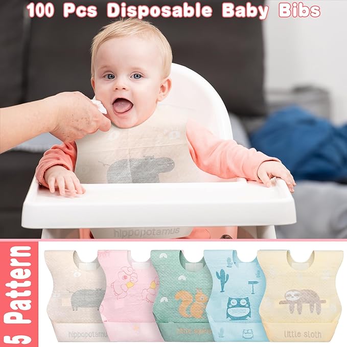 Shinymoon 100 Pcs Disposable Baby Bibs Individual Wrapped Travel Bibs Waterproof Food Catcher for Toddlers Girls Boys Feeding