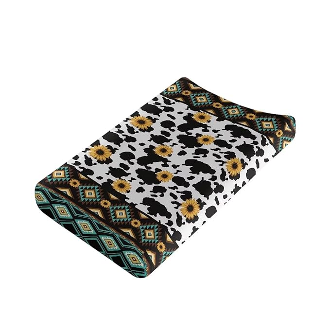 ZDCUSTOM Aztec Sunflower Cow Changing Pad Cover Changing Table Sheets Diaper Changing Table Cover Comfy Cozy Cradle Sheets Fits 32"x16" Contoured Pad