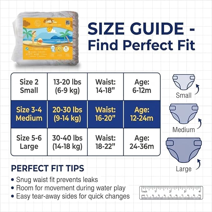 Little Toes Premium Natural Disposable Swim Diapers, Size 3-4 Medium (20-30 lbs) (12 Count) | Baby Disposable Swim Diapers | Hypoallergenic, Chlorine & Fragrance-Free | Gentle on Sensitive Skin