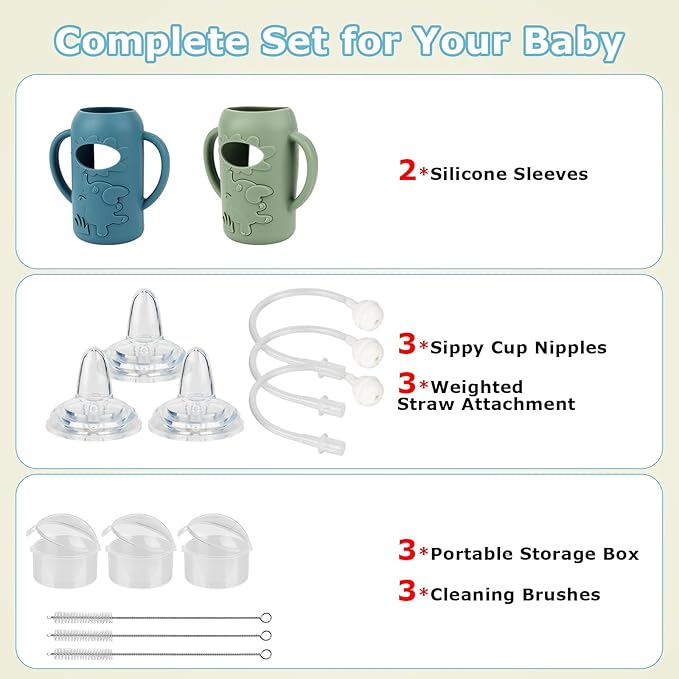 Dr. Brown's Sippy Straw Cup Conversion Kit with Silicone Sleeves for Narrow Glass Baby Bottle 8oz, Weighted Straw Replacement Kit with Soft Sippy Spout and Handle, 6m+, Set of 3