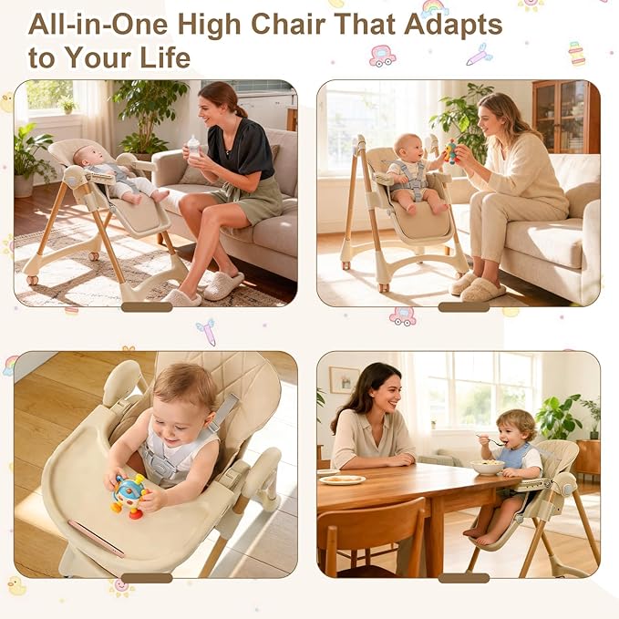 High Chairs for Babies and Toddlers, Foldable Baby High Chair with Wheels for Eating, 6 in 1 High Chair with Removable Tray, Adjustable Backrest and Height, Include 2 Bibs, Tool-Free Assembly