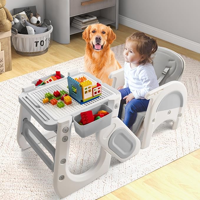 BABY JOY Baby High Chair, 8 in 1 Convertible High Chairs for Babies and Toddlers, Building Block Table and Chair Set, Adjustable Backrest, Removable Double Tray, Storage Boxes, Safety Harness (Gray)