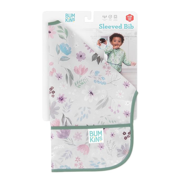 Bumkins Sleeved Bib for Girl or Boy, Baby and Toddler for 6-24 Mos, Essential Must Have for Eating, Feeding, Baby Led Weaning Supplies, Long Sleeve Mess Saving Food Catcher, Soft Fabric, Floral Gray