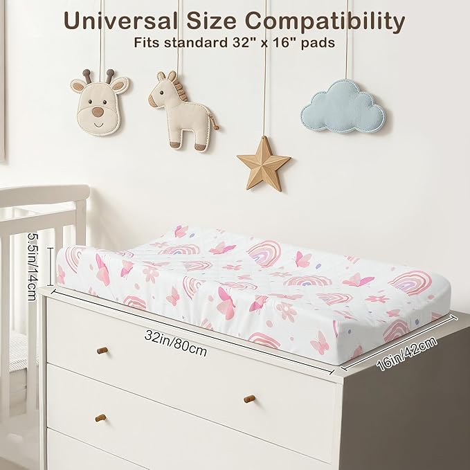 FIOBEE Changing Pad Cover Waterproof 2 Pack Quilted Diaper Change Table Sheets Breathable & Ultra Soft for Newborn Baby Boys Girls Fitted Changer Pads 32"x 16", Pink & White Rainbow