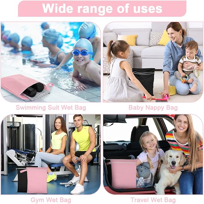 2PCS Wet Bags, Reusable Cloth Diaper Bags with Handle and Zipper, Lightweight Waterproof Travel Laundry Bag, Washable Wet Dry Bag for Baby Items Travel Beach Swimming Gym Camping(Black&Pink)
