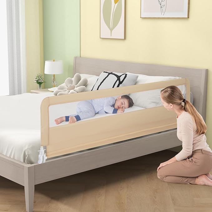 GLACER Foldable Bed Rail for Toddlers - 71" Bedrail w/Safety Straps, Child Lock & Removable Oxford Cover, Swing Down Baby Bed Rail Guard for Crib, Full, Twin, Double, Queen & King Bed (Beige, 1 Pack)