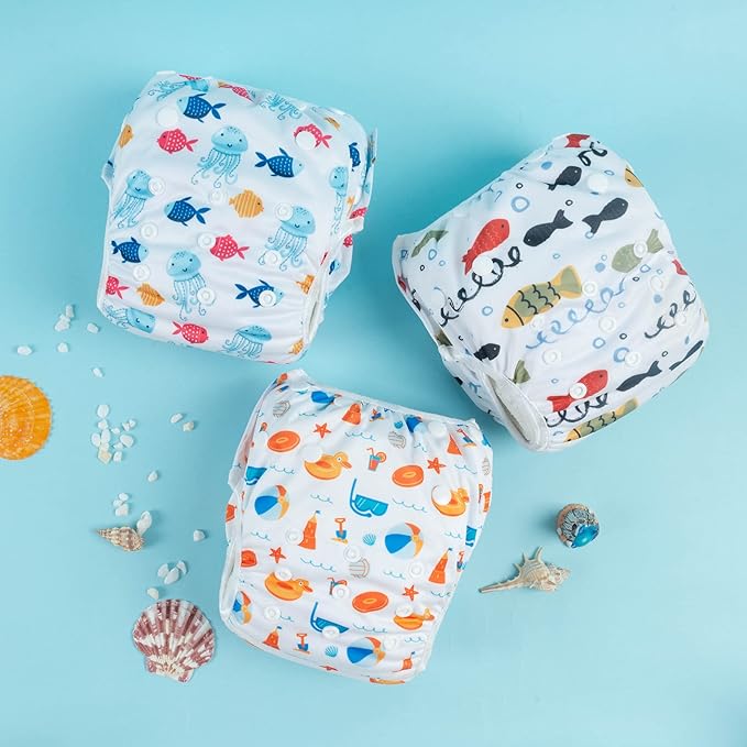 Babygoal Swim Diapers 3 Pack for 8M-3T Babies and Toddlers, Reusable Adjustable Washable for Baby Girl and Boy Swimming Lessons-Fish,Duck