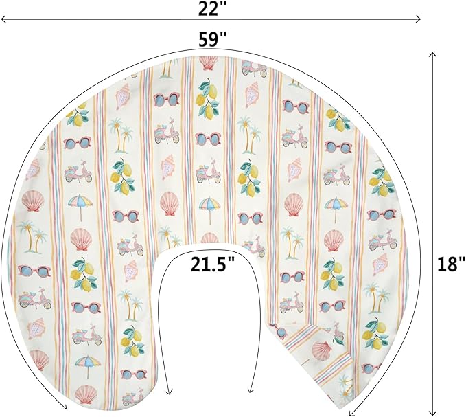 Boho Summer Beach Baby Nursing Pillow Covers for Girl Retro Lemon Palm Tree Sunglass Seashells Nursery Pillowcase for Breastfeeding Pillows Coastal Seaside Soft Stretchy Slipcovers for Newborn Infant