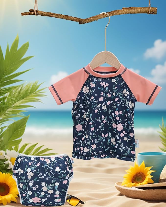 ALVABABY Baby Girl Swimsuit, 2-Piece Infant Toddler Bathing Short Sleeve Swimwear, Large Baby Reusable Swim Diaper with Matching Top