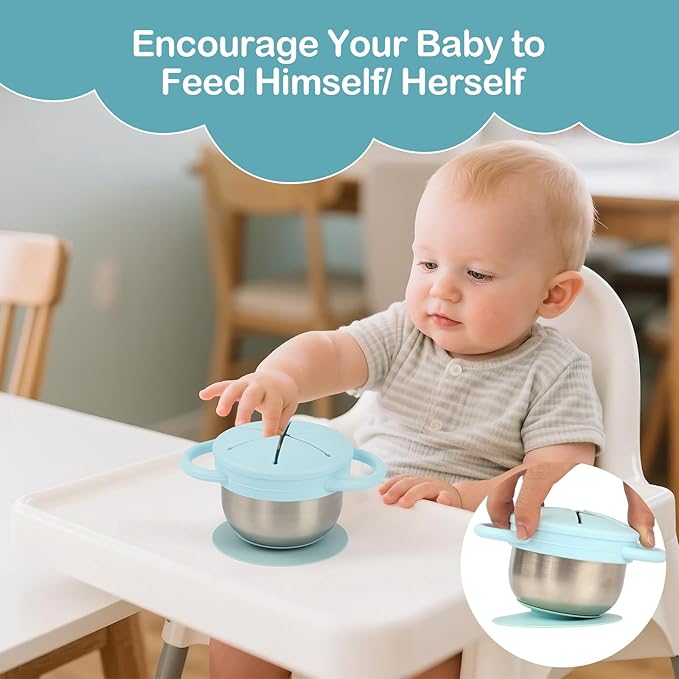 2 Pack Toddler Snack Cups — 5-in-1 Snack Cups for Toddlers Spill Proof with Suction Cup and Anti-Loss Rope, Detachable Stainless Steel Cups with Silicone Lids & Handles (Light Blue and Light Grey)