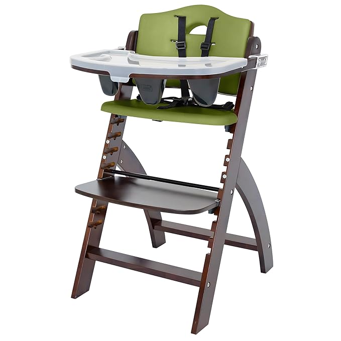 Abiie Beyond Junior Wooden High Chair for Babies and Toddlers - Convertible 3-in-1 Baby Highchair with Removable Tray - 6 Months to 250 Lb - Water Resistant - Mahogany Wood/Olive Cushion