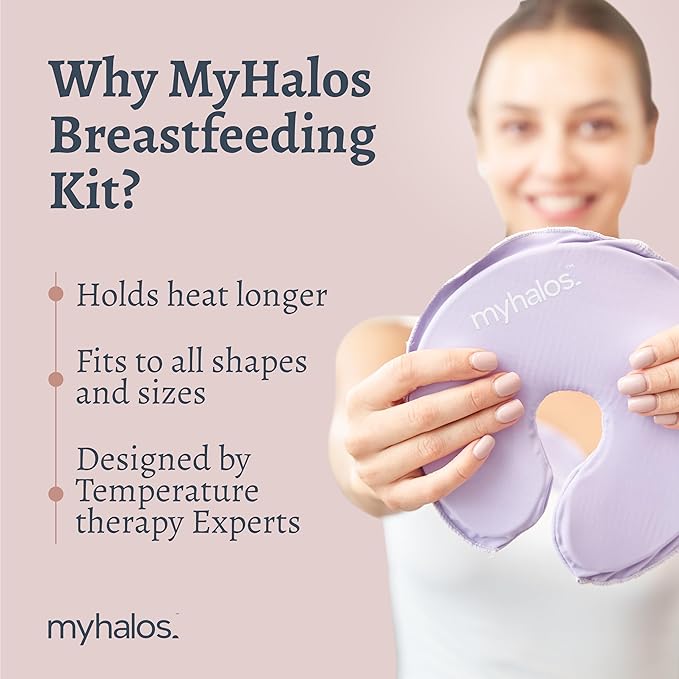 MyHalos® Breast Therapy Pack - 2 Hot Cold Breast Therapy Packs & 4 Hydrogel Nipple Pads for Breastfeeding - Breast Heating Pad Relief - Breast Ice Packs for Engorgement & Nipple Gel Soothing Pads