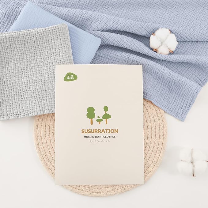 Susurration Muslin Burp Cloths 24x24 Inches Ultra Soft 100% Cotton, 4 or 7 Pack Baby Washcloths for Newborn, Absorbent Burp Rags & Swaddle Blankets