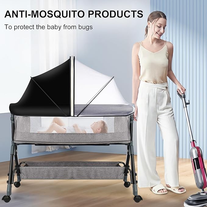 Bassinet Net Cover for Baby to Keep Insects/Bugs/Cats Out, Mosquito Net for Bassinet to Block Light with Two-Way Zippers, Breathable Mesh Holes, Ink-Shadow White
