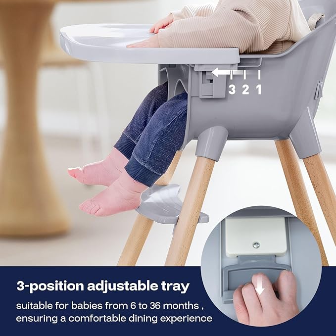 Fodoss Convertible Baby High Chair with Wood Legs and Removable Dishwasher Safe Tray for Boys and Girls,Highchair Toddler with 5 Point Safety Harness