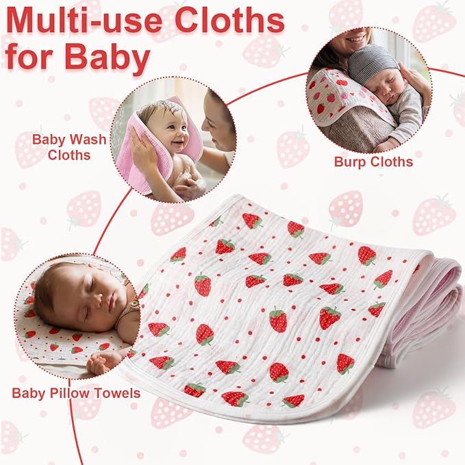 Hahafelt 4 Pcs Strawberry Baby Burp Cloths 100% Cotton Absorbent & Soft Burping Cloth Newborn Towel 2-in-1 Large Size Baby Spit up Burping Rags Set for Boys and Girls Infant Newborn