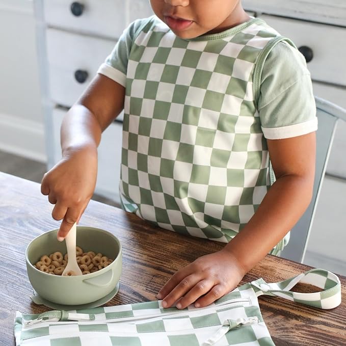 BapronBaby Floral/Nature Wet Dry Bag - Waterproof Two Zipper Pockets - Reusable for Mealtime, Diapers, Stroller, Snacks, Swimsuits 11" x 9" (Sage Checkerboard, 11" x 9")