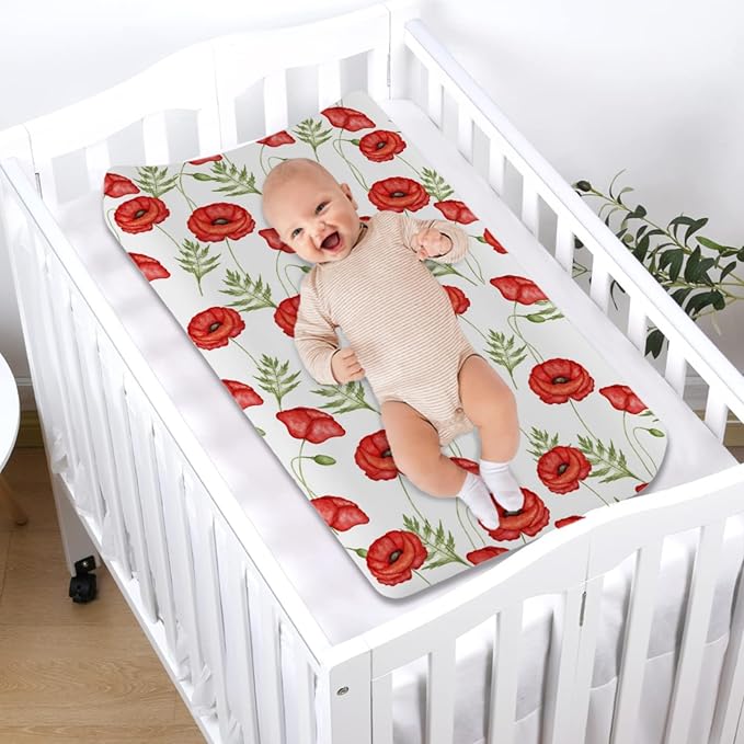 Boho Retro Poppy Flowers Leaves Baby Changing Pad Covers for Boy Girl 32''x16'' Red Poppy Floral Spring Blossom Fitted Diaper Change Table Sheet Wild Plants Soft Breathable Nursery Changing Table Mats
