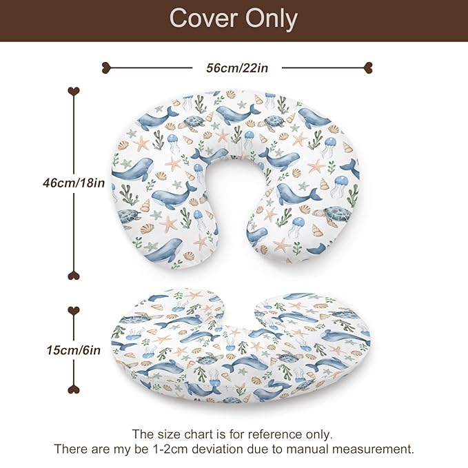 Watercolor Ocean Whale Sea Turtle Starfish Seashells Pattern Nursing Pillow Cover, Unisex Removable Breastfeeding Pillowcase Slipcover for Baby Girls Boys Newborns Toddlers, Cover Only