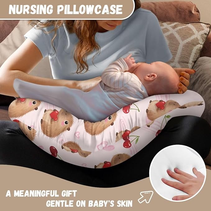 Jeiento Cute Capybara Nursing Pillow Covers Red Cherry Breastfeeding Pillowcase Cushion Cover Soft Nursing Pillow Slipcovers for Newborn Infant Bottle Breast Feeding U-Shaped Pillow Case