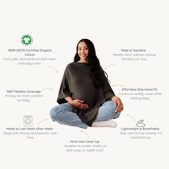 MakeMake Organics Knit Breathable Nursing Cover Up for Breastfeeding - Soft GOTS Certified Organic Cotton Breastfeeding Cover Up for Women - Privacy Feature, Gray