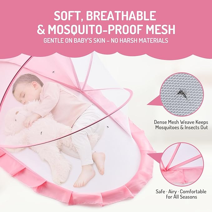 Folding Crib Net Mosquito Net for Baby ā Kids Mosquito Netting Mesh Crib Canopy, Crib Blackout Cover with Shade Cover for Toddler Sleeping Outdoors, Travel Portable Baby Bed Tent, Pink, 36x22inch