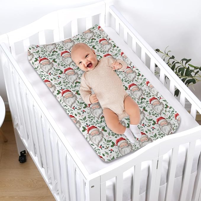 Funny Santa Claus Changing Pad Covers Christmas Cherry Fir Leaves Diaper Changing Table Sheets Cover for Baby Boys Girls Winter Soft Breathable Stretchy Baby Changing Pad Mats 32''x16''