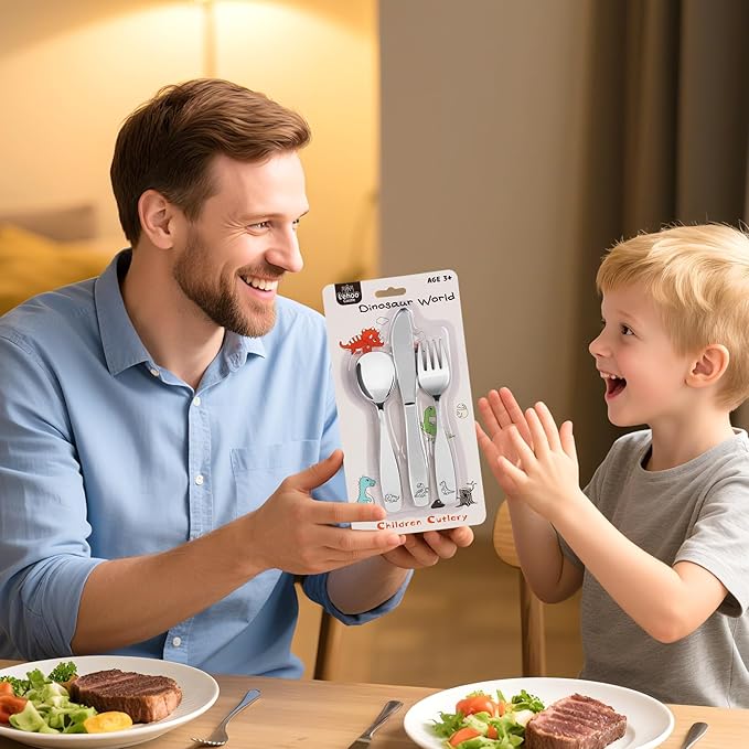 Lehoo Castle Kids Silverware Stainless Steel 6-Piece - Toddler Spoons and Forks Knife Set, Toddler Utensils for 3 Year Old, Child-Safe Flatware for Self Feeding (Dinosaur)