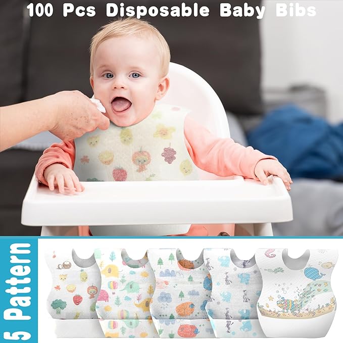 Shinymoon 100 Pcs Disposable Baby Bibs Individual Wrapped Travel Bibs Waterproof Food Catcher for Toddlers Girls Boys Feeding