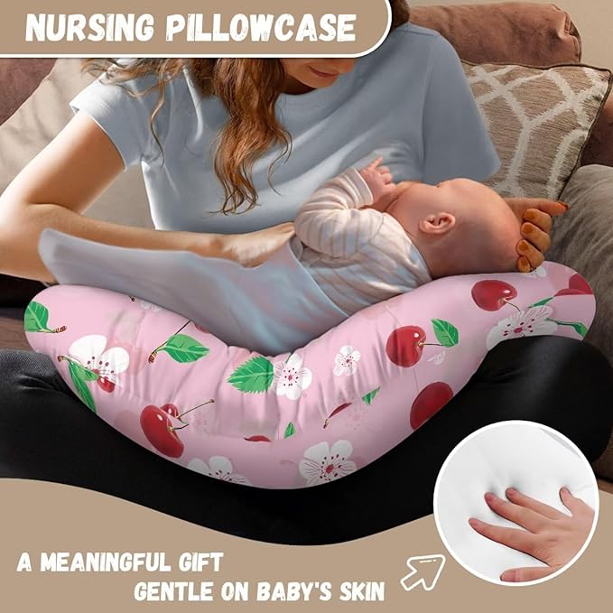 Breast Feeding Pillow Cover Girl, Stretchy and Soft Nursing Cover for Breastfeeding, Pink Cherry Pillow Slipcover for Baby Girls Newborn
