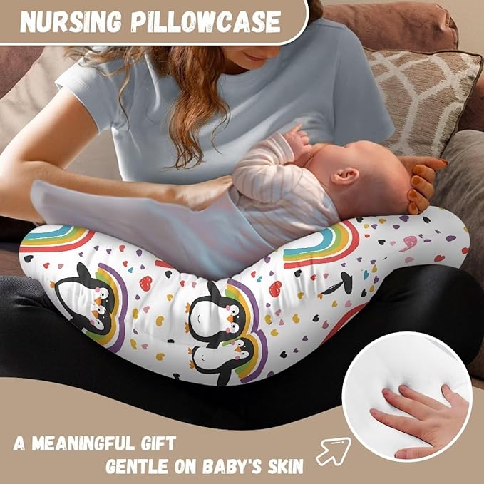 Rainbow and Penguin Nursing Pillow Cover Stretchy Removable Cover for Breastfeeding Pillows, Ultra Soft Comfortable Slipcover for Baby Girl and Boy