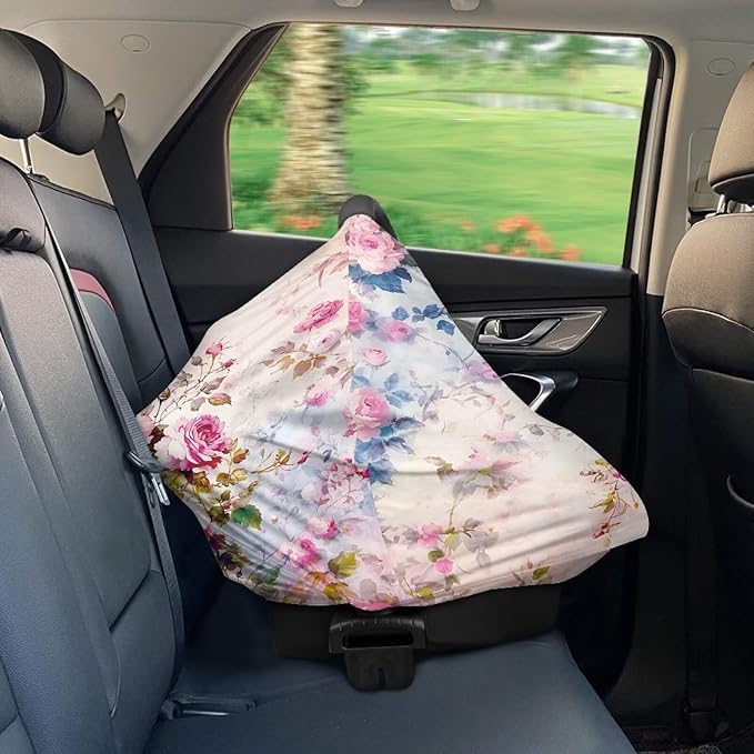 LedBack Pink Roses Stretchy Car Seat Cover for Babies, Breathable Breastfeeding Cover, Soft Lightweight Baby Carseat Canopy