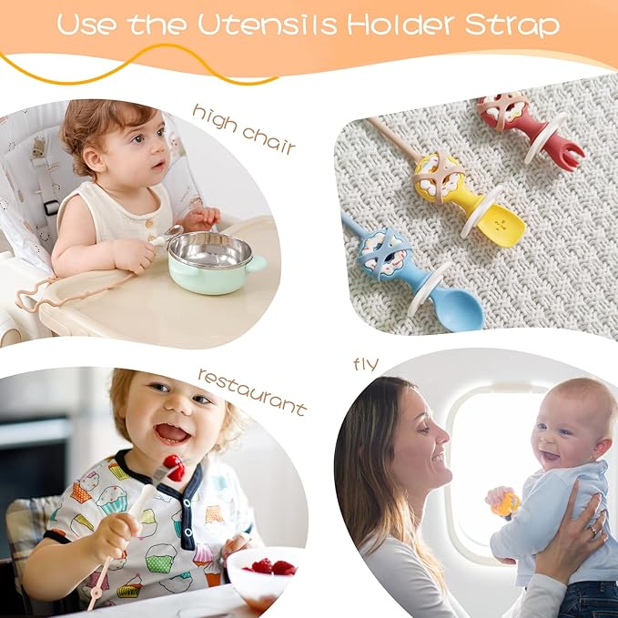Toddler Utensils,Silicone Stretch Lids for fork and spoon,Holder Strap Food Grade Silicone Keep Fork and Spoon Off The Floor Great for Baby and Kids Dishwasher Safe (Apricot and Orange)