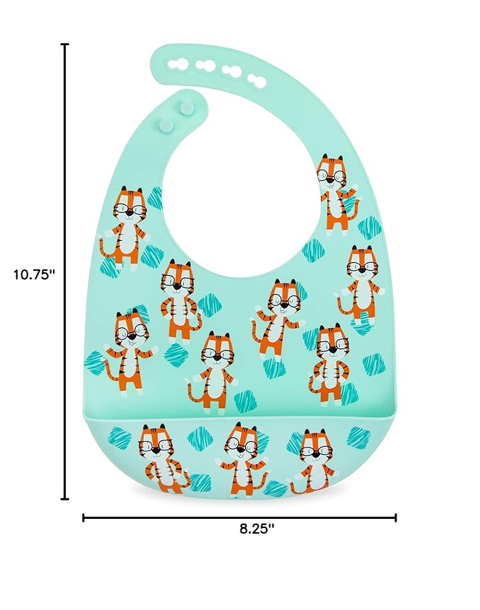 Nuby 2 Pack Adjustable Easy Clean Soft Silicone Bibs with Scoop, Tigers & Squares