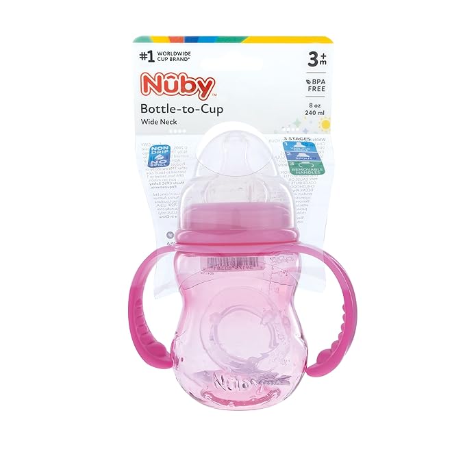 Nuby 3 in 1 Baby Bottle to Training Sippy Cup - 8 Oz Toddler Cups Spill Proof with Soft Spout, Nipple & Removable Grip Handles - Dishwasher Safe (Pink)