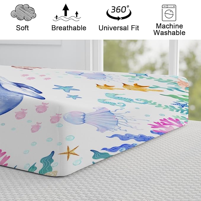 Colorful Nautical Life Changing Pad Cover Ocean Animals Corals Sea Weeds Baby Change Table Pad Cover for Boys Girls Soft Stretchy Fitted Diaper Changing Mat Sheets 32''x16''