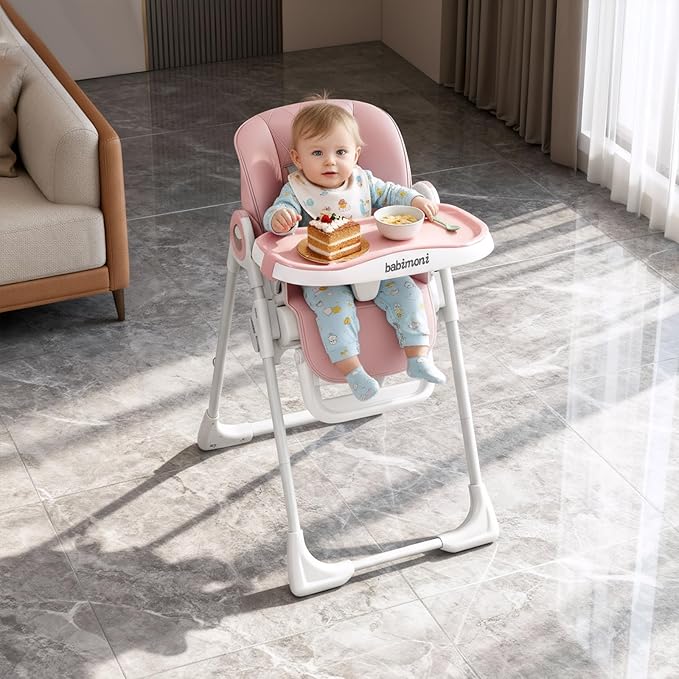 babimoni 4 in 1 High Chairs for Babies and Toddlers, Foldable Baby High Chairs, Feeding and Eating Seat Highchair with 4 Levels of Recline and 7 Levels of Height Adjustment, Pink