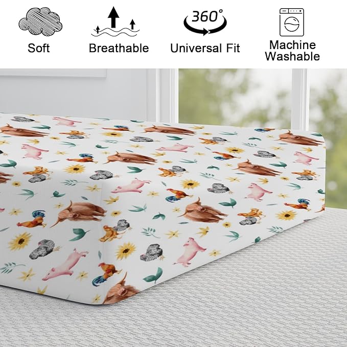 Watercolor Farm Animals Baby Changing Pad Covers Yak Pigs Rooster Hens Boho Sunflowers Leaves Diaper Change Table Pad Cover for Boys Girls Soft Stretch Fitted Changing Mat Sheets 32''x16''