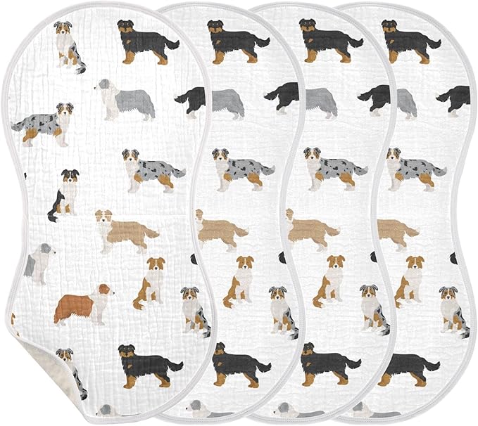vvfelixl Baby Burp Cloths Australian Shepherd Dog White Baby Newborn Cotton Burping Cloths Set Baby Washcloths 4 Pack