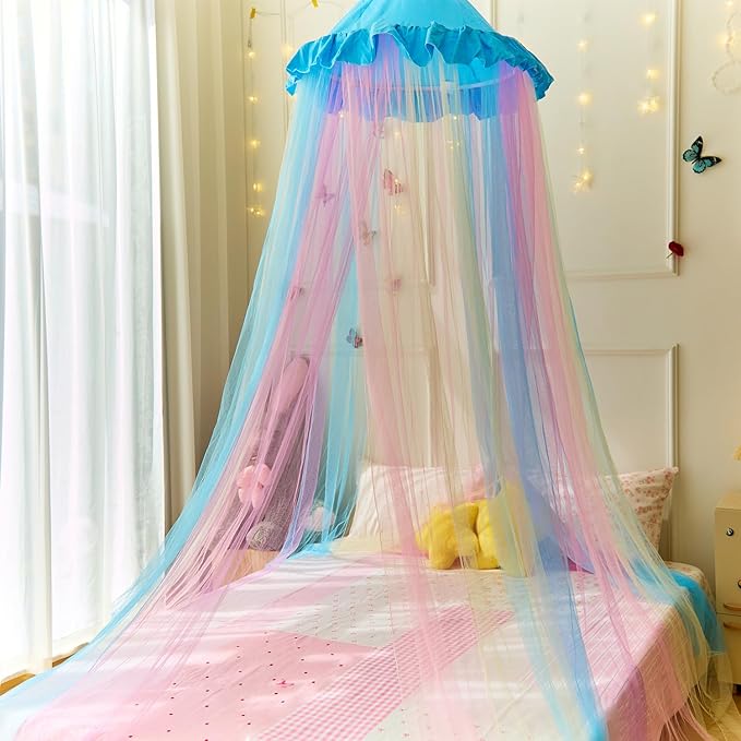 Blue Rainbow Bed Canopy Twin Size Breathable Canopy Bed Curtain for Bed,Princess Play Tent for Girls Bedroom Decoration Reading Nook