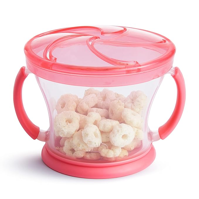 Munchkin® 360° Cloud™ Baby and Toddler High Chair with Clear Seat and 360° Swivel, White and Grey with Wooden Legs & ® Snack Catcher® Toddler Snack Cups, 2 Pack, Pink/Purple