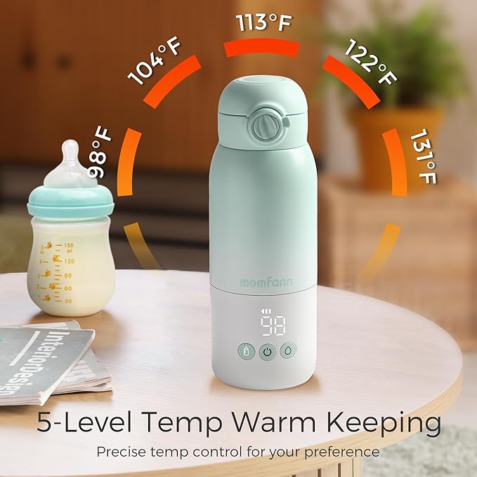 MOMFANN Portable Bottle Warmer for Travel, Dual Heating Modes for Breastmilk & Water, Portable Bottle Milk Warmer with Fast Heating & Long Battery Life, 12 Ounces Large Capacity (Green)