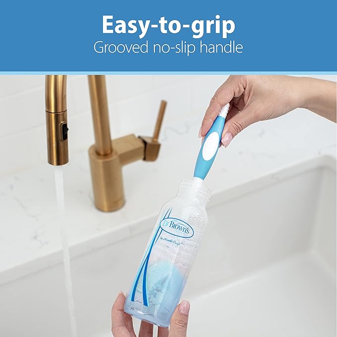 Dr. Brown’s Anti-Colic Options+ Baby Bottles, Narrow, 4 oz, 4pack & Reusable Sponge Baby Bottle Cleaning Brush with Suction Cup Stand, Scrubber and Nipple Cleaner, Blue 1-Pack