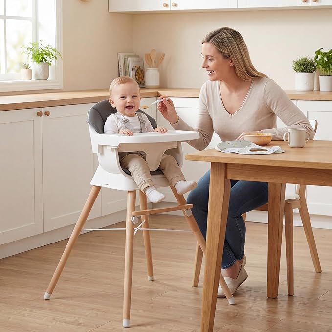 BABY JOY High Chair, Convertible Wooden Highchairs for Babies and Toddlers, Converts to Booster Seat & Stool with Adjustable Legs, Removable Tray, Safety Harness, Waterproof PU Cushion (Gray)