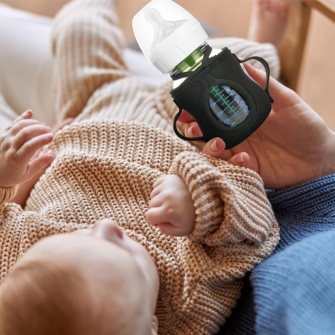 Beautyflier Glass Baby Bottle Sleeve Covers for Dr. Brown's Natural Flow Anti-Colic Wide-Neck Glass Baby Bottles, 3.3mm Thicken Heat and Cold Retention Baby Bottle Sleeve (Black, 2pcs, 5oz/150 mL)