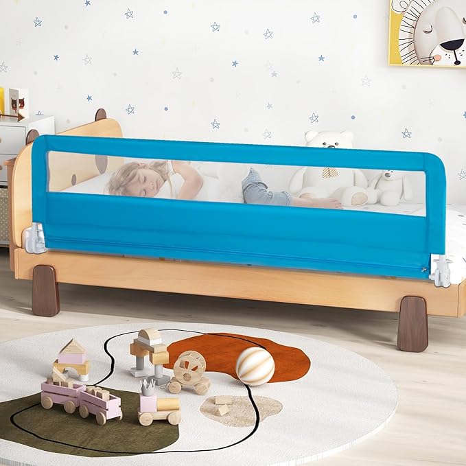 HONEY JOY Bed Rail for Toddlers, 71-in Extra Long, Portable Safety Bed Guardrail w/Double Safety Child Lock, Foldable Baby Bed Rail Guard, Fit King & Queen Full Twin Size Bed Mattress(Blue, Pack 1)