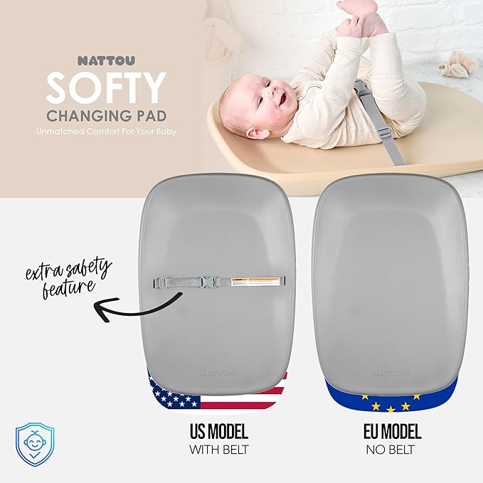 Nattou Softy Changing Pad w/Belt- Wipeable Baby Changing Mat- Durable, Water-Resistant, Cocoon Shape with Honeycomb Bottom Grips BPA-Free, Assimilates Room Temperature - Grey