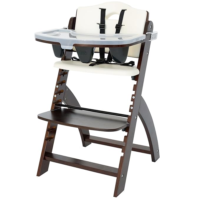 Abiie Beyond Junior Wooden High Chair for Babies and Toddlers - Convertible 3-in-1 Baby Highchair with Removable Tray - 6 Months to 250 Lb - Water Resistant - Mahogany Wood/White Cushion