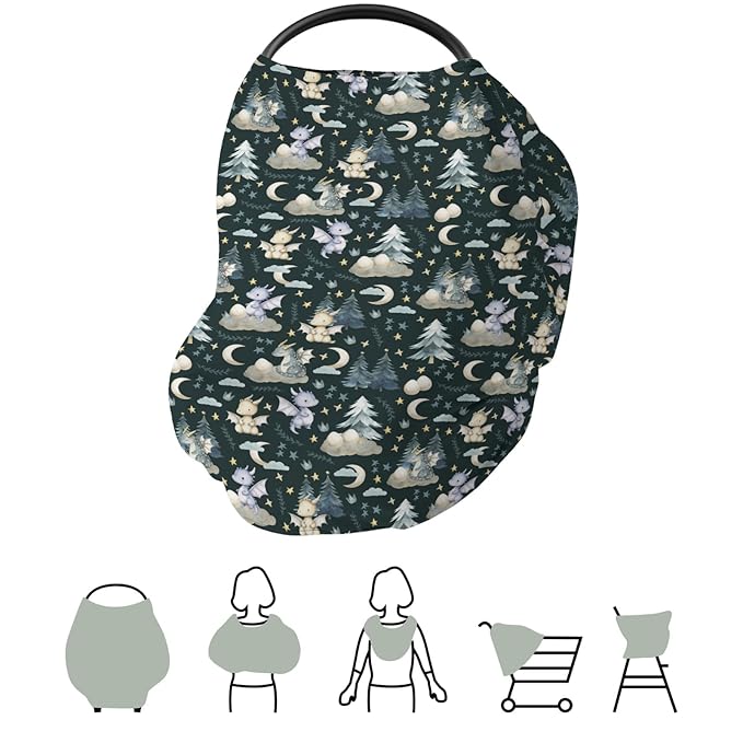 Fairytale Dragons Car Seat Cover for Babies Cute Dragon Moon Stars Clouds Trees Eggs Stretchy 5-in-1 Cover Adjustable Car Canopy Breastfeeding Cover Fantasy Animal Breathable Nursing Cover-Up